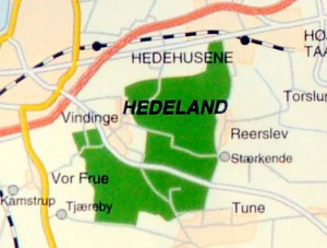 Kort over Hedelands geografiske placering mellem Roskilde, Hedehusene og Tune 