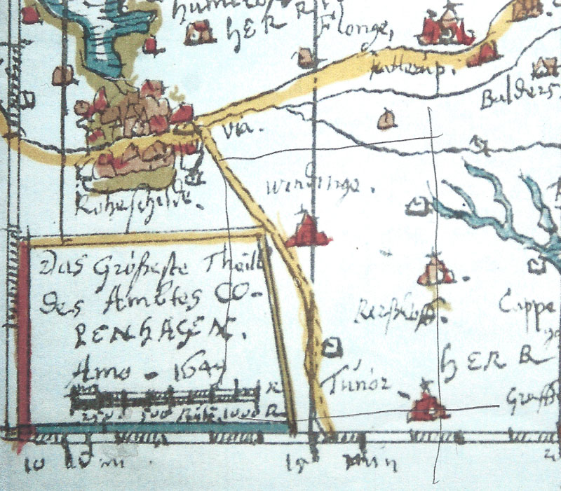 Et udsnit af Johannes Mejers kort fra 1649 over samme område